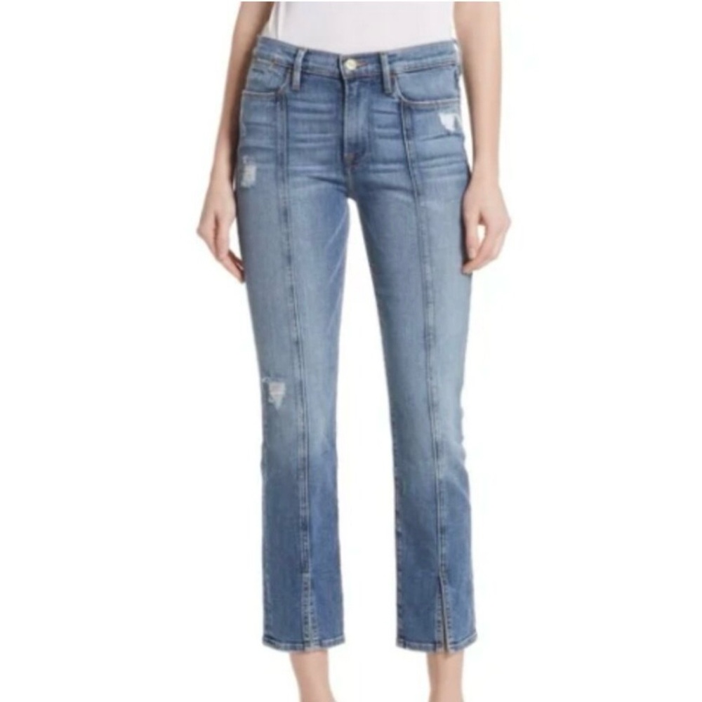 FRAME Le High Straight Center Seam Ankle Jeans Sandpiper Wash Distressed 31